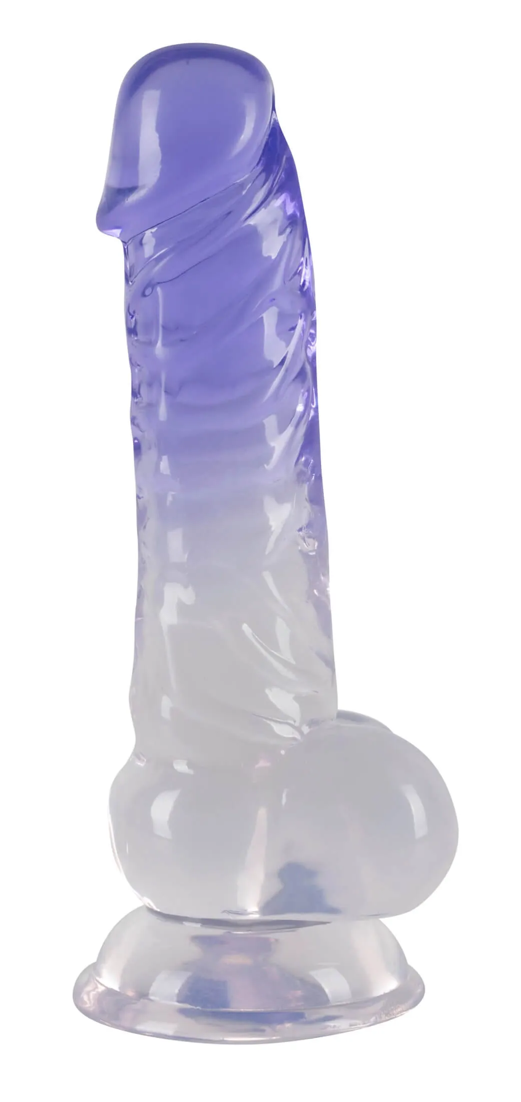 Levně Průsvitný fialový umělý penis, který vás se svými tvarovanými žaludy, varlaty a silnou přísavkou zve na skutečně pohádkové dobrodružství touhy!