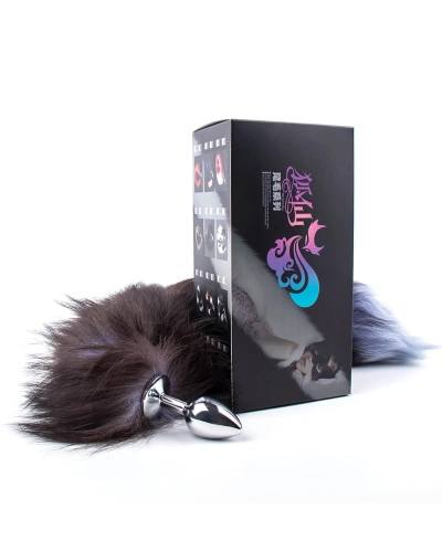 Sunfo - kovové anální dildo s liščím ocasem (stříbrno-černé)