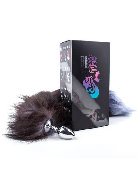Sunfo - kovové anální dildo s liščím ocasem (stříbrno-černé)