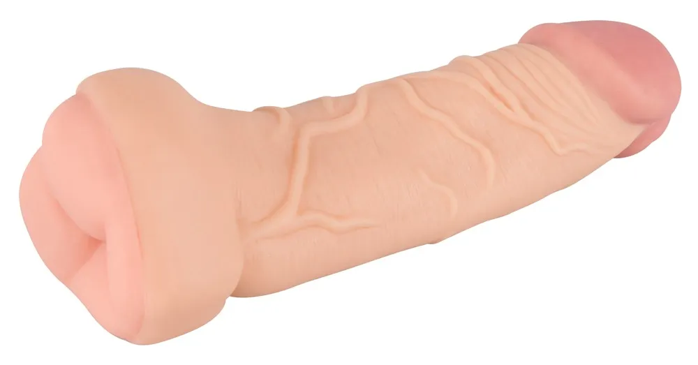 Levně Realistický prodlužovací návlek na penis a masturbátor ve tvaru umělého anusu v jednom